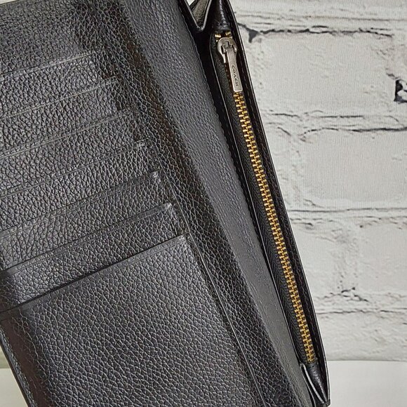'COACH' PEBBLE LEATHER FULL-ZIP POCKET CARD SLOT LONG UNISEX WALLET BLACK/CHROME - Picture 11 of 16